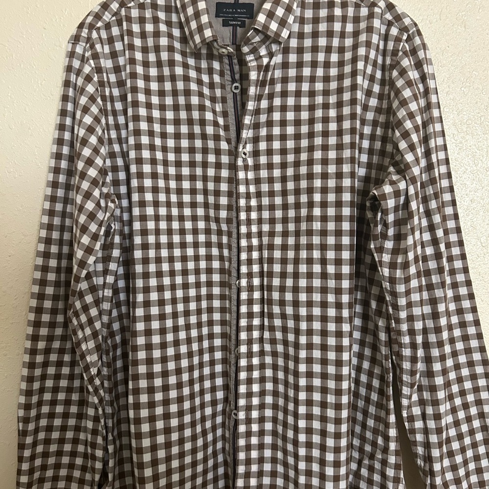 Zara Brown and White Casual Button Down Shirt